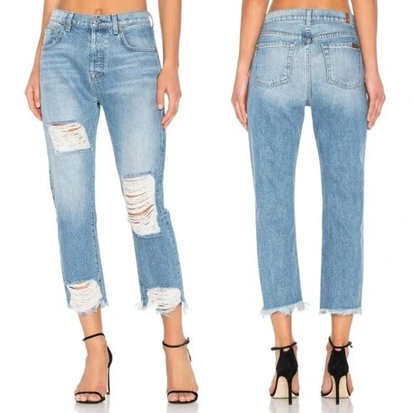 7 For All Mankind Denim - 7 For All Mankind Distressed Straight Jeans High Waist Ripped Button Fly Raw Hem